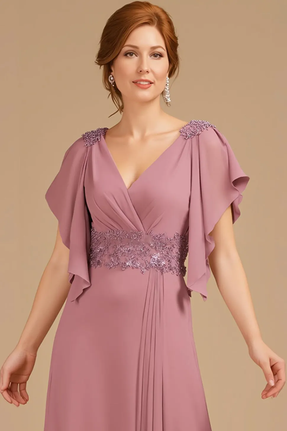 A-Line Uva V-Neck Ruched Flutter Manga Longa Mãe do Vestido da Noiva
