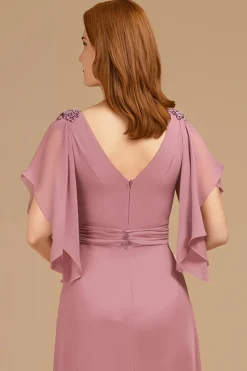 A-Line Uva V-Neck Ruched Flutter Manga Longa Mãe do Vestido da Noiva