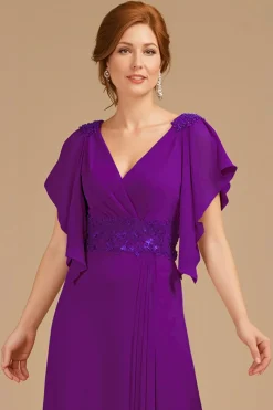 A-Line Uva V-Neck Ruched Flutter Manga Longa Mãe do Vestido da Noiva