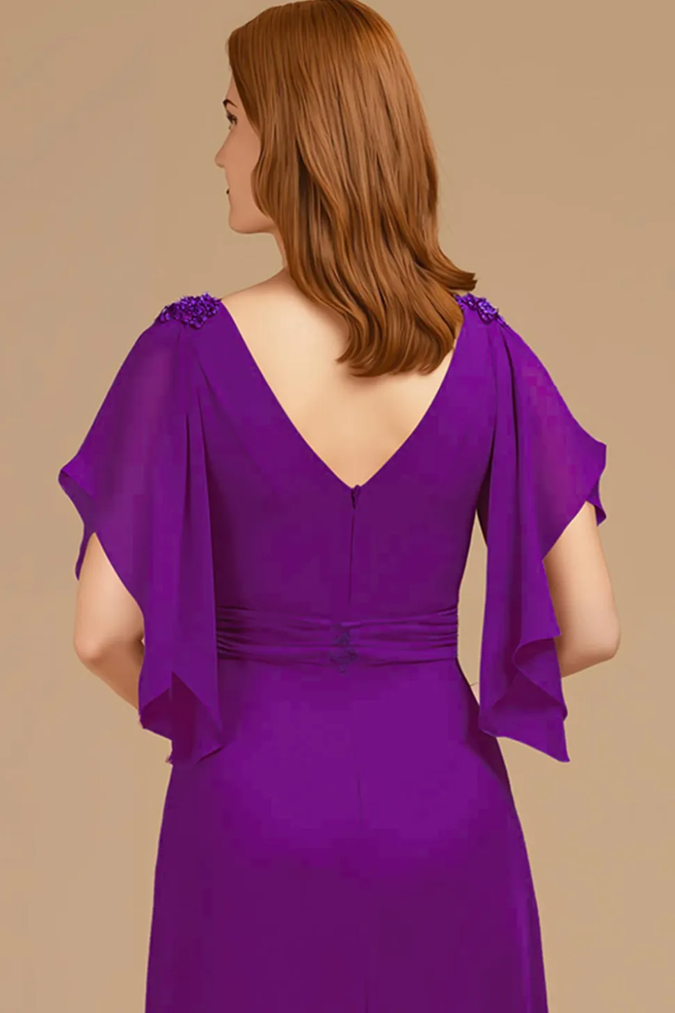 A-Line Uva V-Neck Ruched Flutter Manga Longa Mãe do Vestido da Noiva