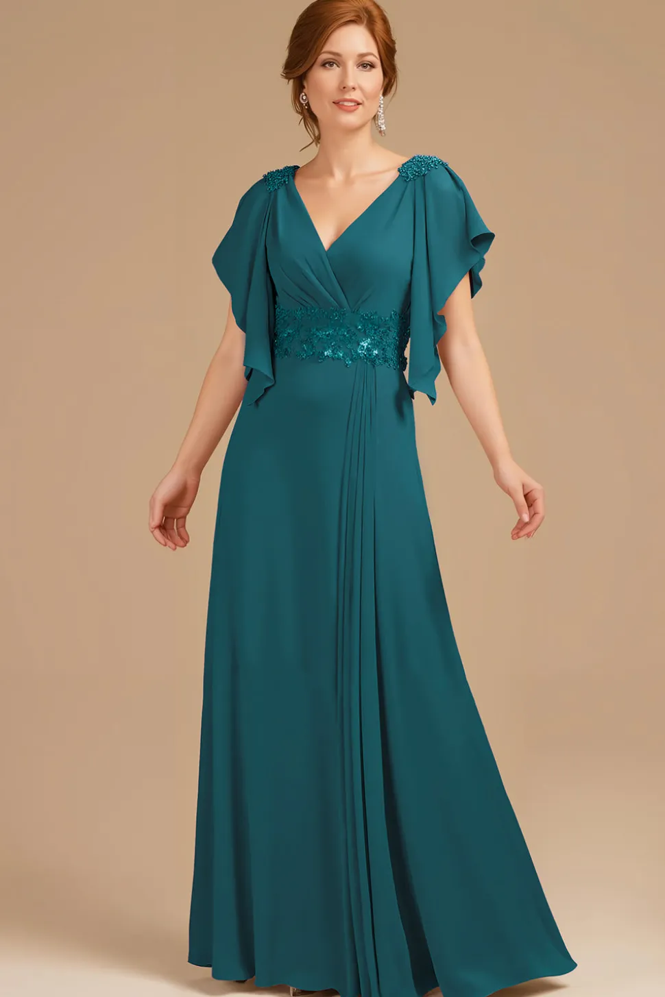 A-Line Uva V-Neck Ruched Flutter Manga Longa Mãe do Vestido da Noiva