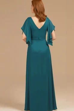 A-Line Uva V-Neck Ruched Flutter Manga Longa Mãe do Vestido da Noiva