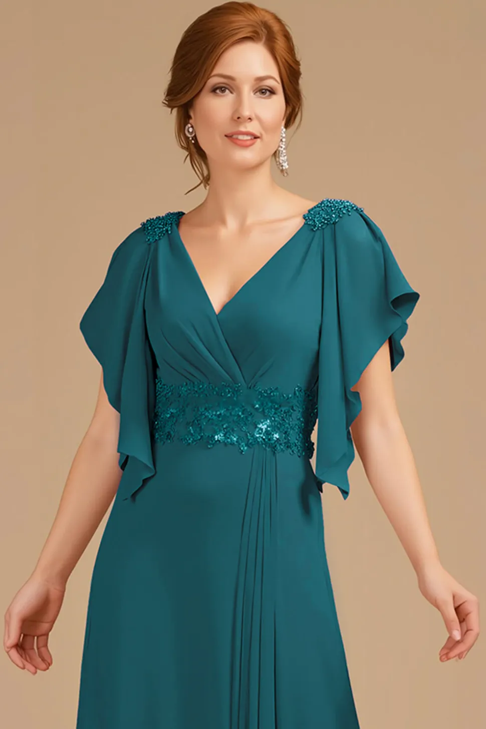 A-Line Uva V-Neck Ruched Flutter Manga Longa Mãe do Vestido da Noiva
