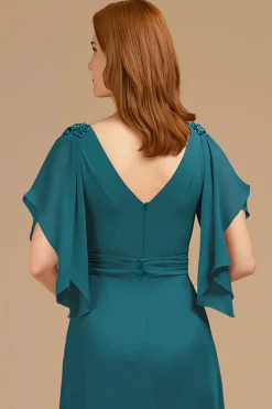 A-Line Uva V-Neck Ruched Flutter Manga Longa Mãe do Vestido da Noiva