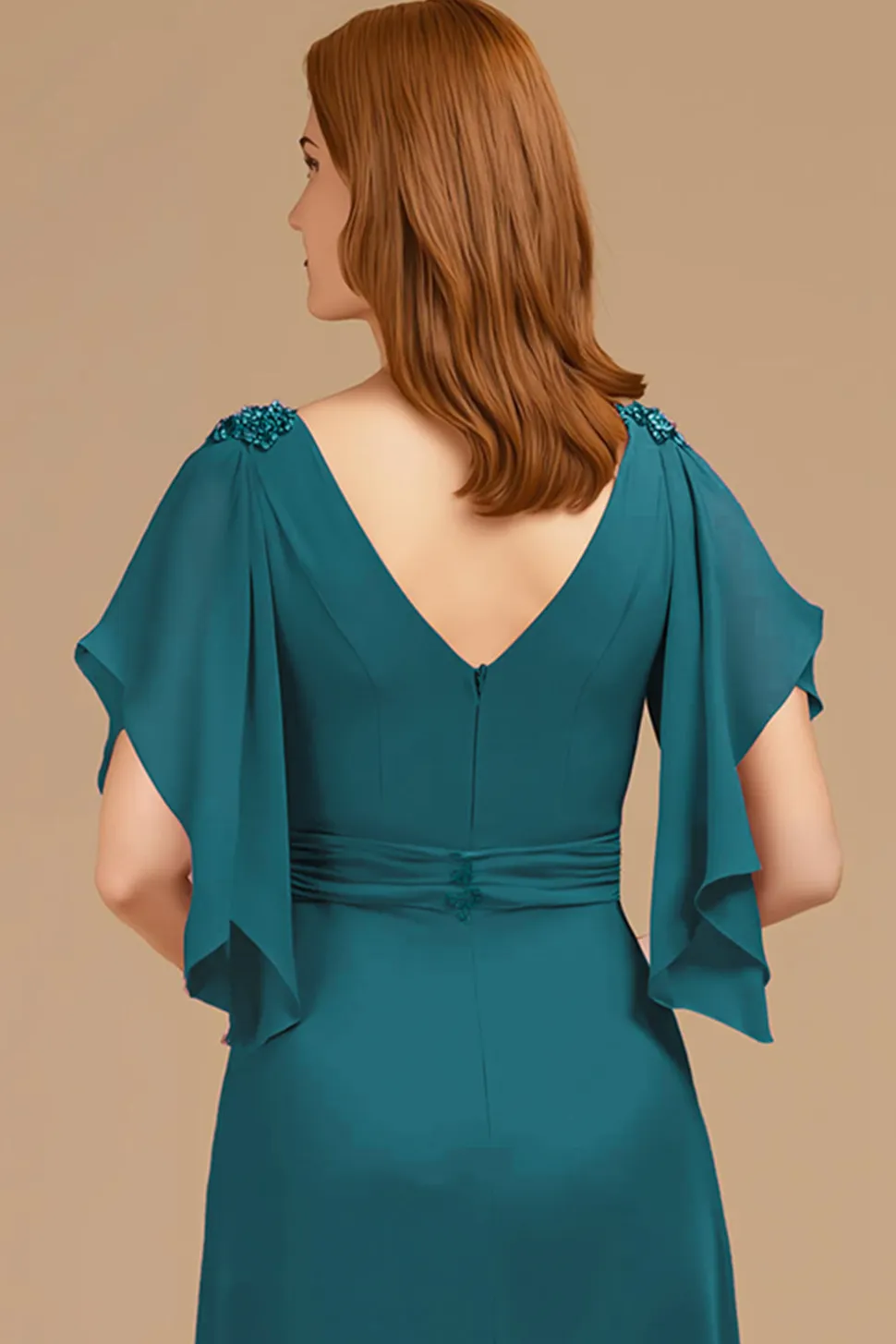 A-Line Uva V-Neck Ruched Flutter Manga Longa Mãe do Vestido da Noiva