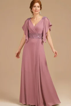 A-Line Uva V-Neck Ruched Flutter Manga Longa Mãe do Vestido da Noiva