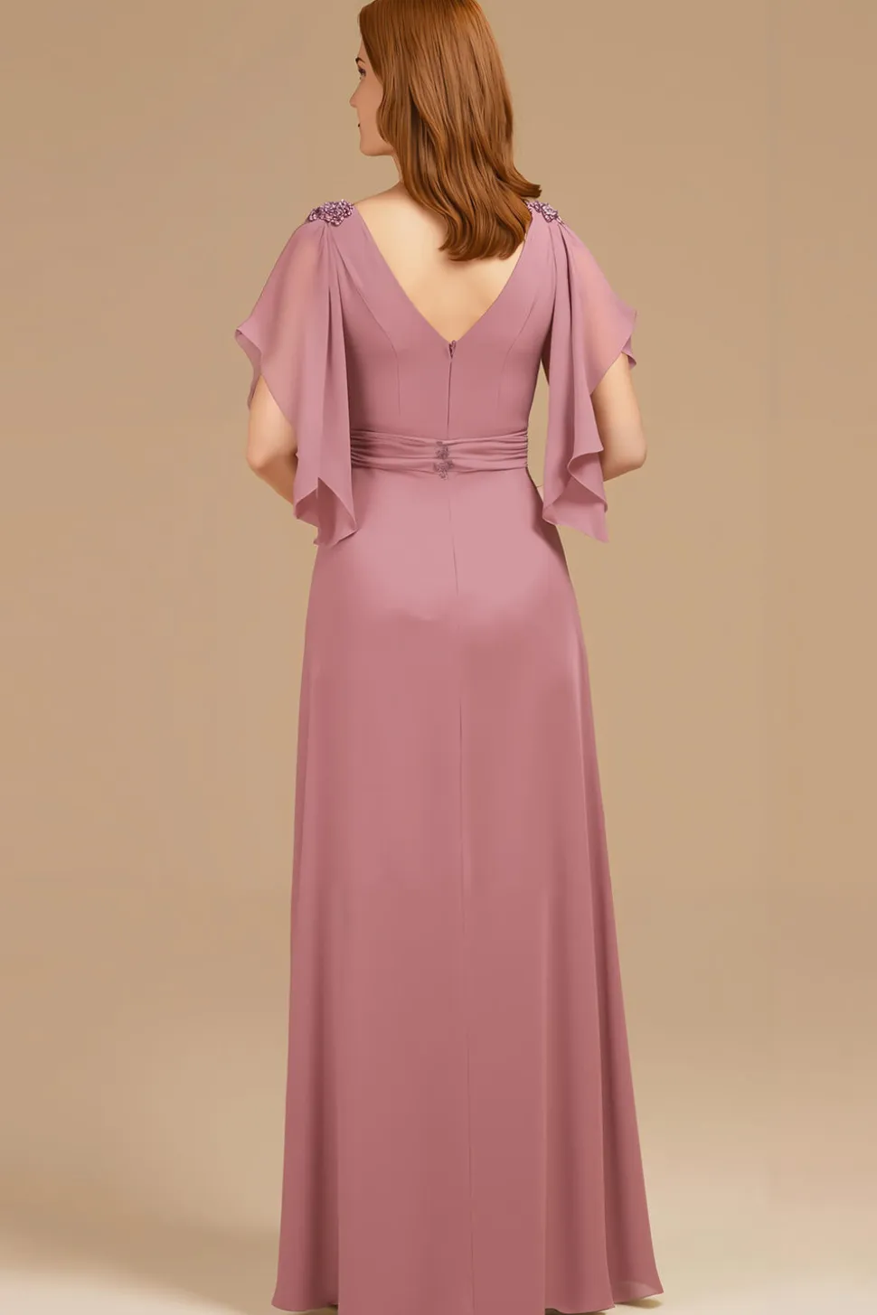 A-Line Uva V-Neck Ruched Flutter Manga Longa Mãe do Vestido da Noiva