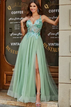 A-Line V Neck Split Tulle Vestido de baile verde claro com beading Appliqued