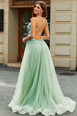 A-Line V Neck Split Tulle Vestido de baile verde claro com beading Appliqued