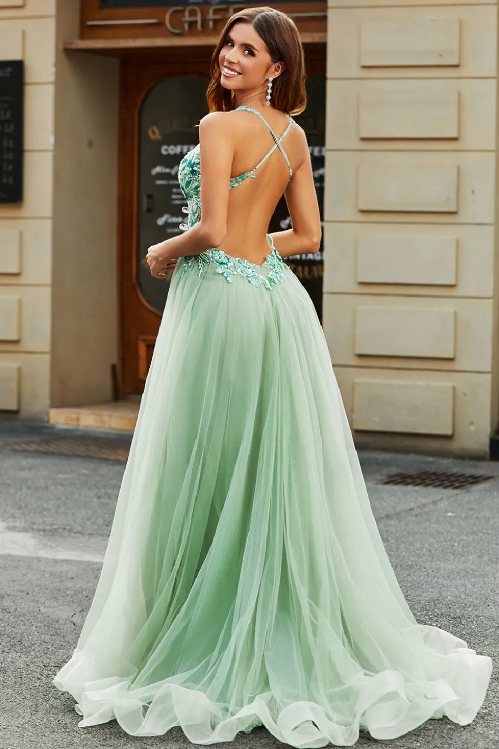 A-Line V Neck Split Tulle Vestido de baile verde claro com beading Appliqued