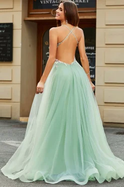 A-Line V Pescoço Chão-Comprimento frisado Tule Verde Luz Prom Dress com Fenda