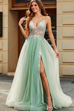A-Line V Pescoço Chão-Comprimento frisado Tule Verde Luz Prom Dress com Fenda