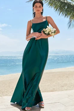 A-Line Verde Escuro Esparguete Correias Cetim Ruched Long Vestido de Dama de Honra