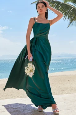 A-Line Verde Escuro Esparguete Correias Cetim Ruched Long Vestido de Dama de Honra