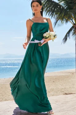 A-Line Verde Escuro Esparguete Correias Cetim Ruched Long Vestido de Dama de Honra