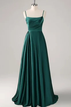 A-Line Verde Escuro Esparguete Correias Cetim Ruched Long Vestido de Dama de Honra