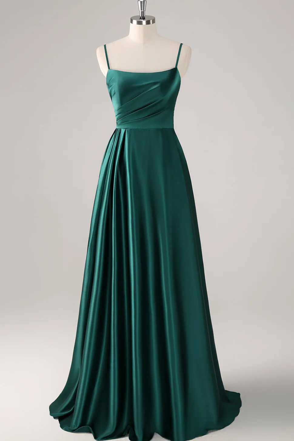 A-Line Verde Escuro Esparguete Correias Cetim Ruched Long Vestido de Dama de Honra