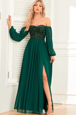 A-Line Verde Escuro Sequins Prom Dress com mangas