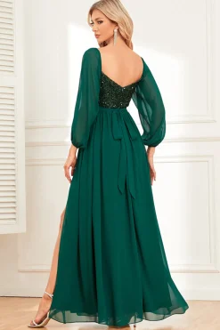 A-Line Verde Escuro Sequins Prom Dress com mangas