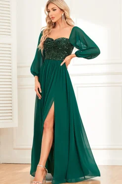 A-Line Verde Escuro Sequins Prom Dress com mangas