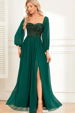 A-Line Verde Escuro Sequins Prom Dress com mangas