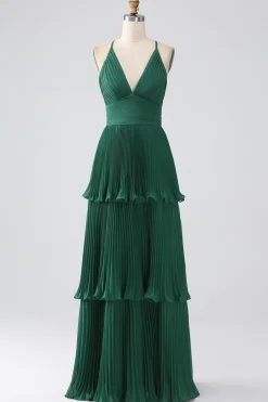 A-Line Verde Escuro Tiered Chiffon vestido de dama de honra com pregado
