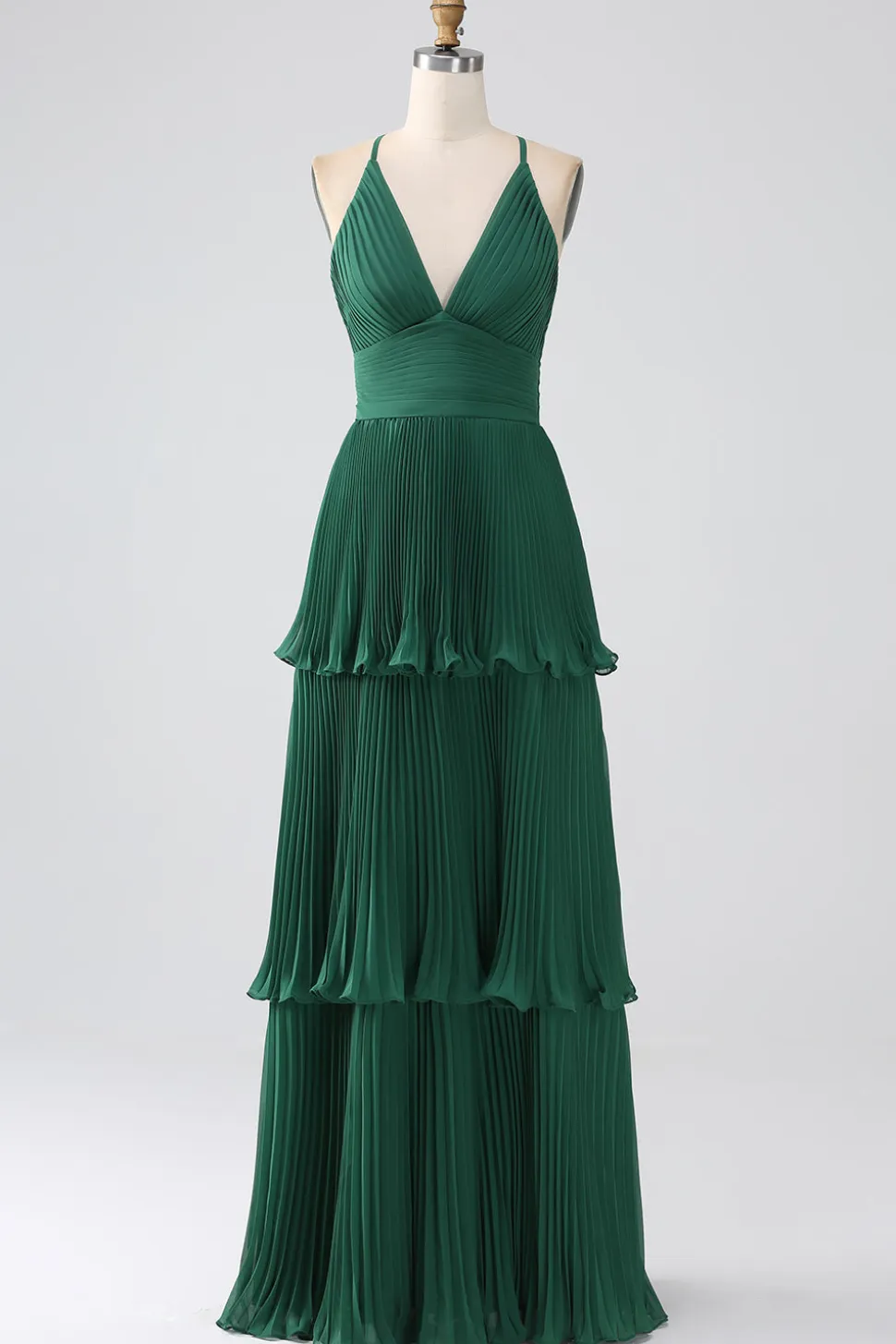 A-Line Verde Escuro Tiered Chiffon vestido de dama de honra com pregado