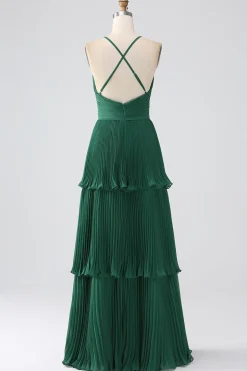 A-Line Verde Escuro Tiered Chiffon vestido de dama de honra com pregado