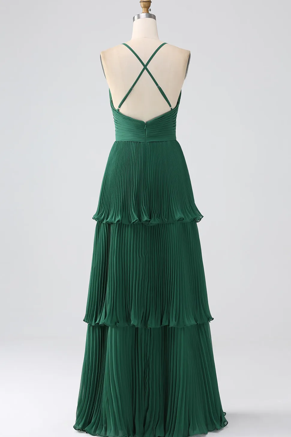 A-Line Verde Escuro Tiered Chiffon vestido de dama de honra com pregado