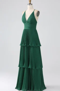 A-Line Verde Escuro Tiered Chiffon vestido de dama de honra com pregado