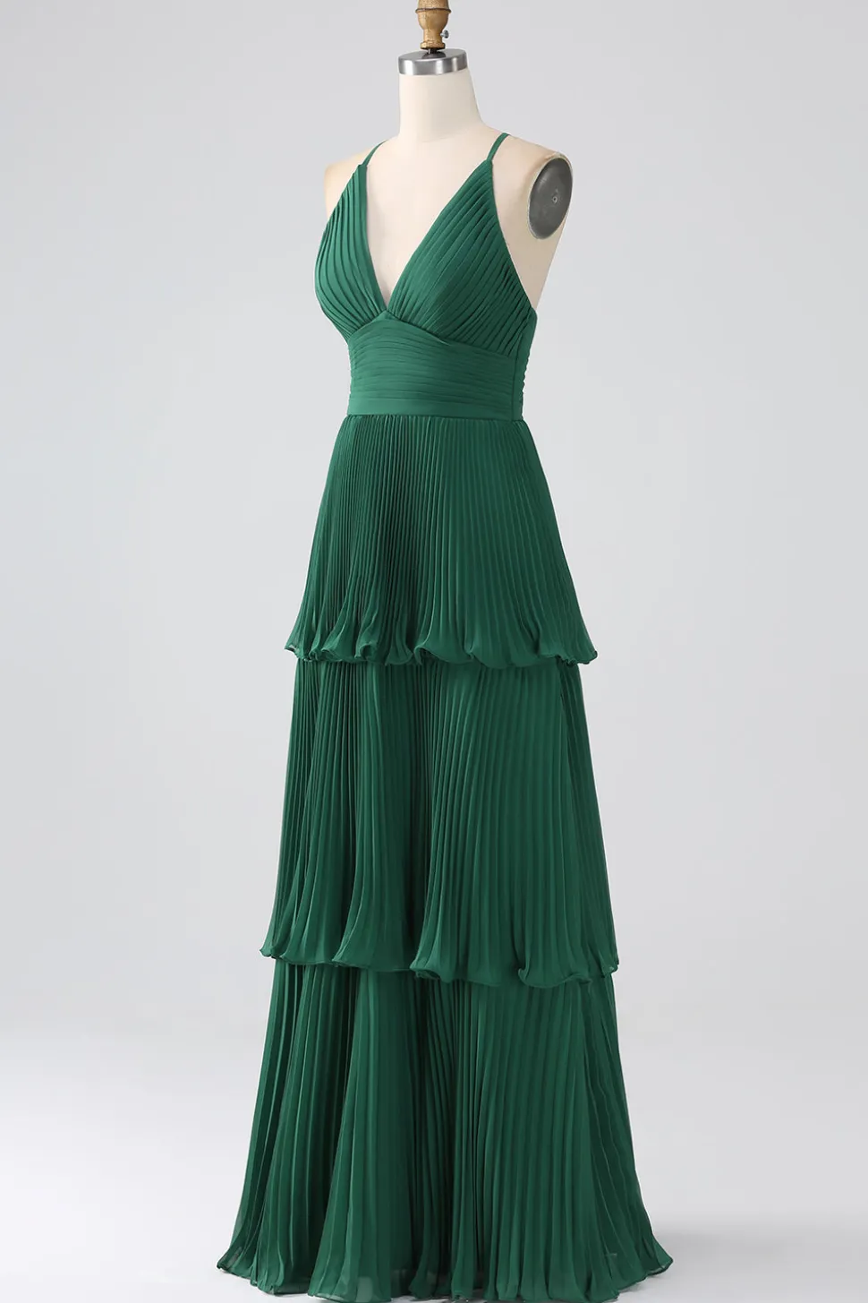 A-Line Verde Escuro Tiered Chiffon vestido de dama de honra com pregado