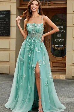 A-Line Verde Tule Corset Prom Dress com Apliques