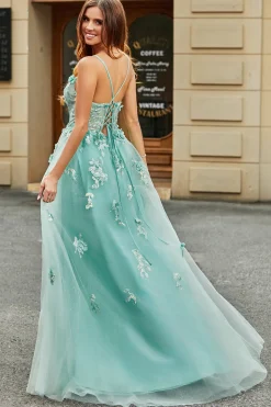 A-Line Verde Tule Corset Prom Dress com Apliques