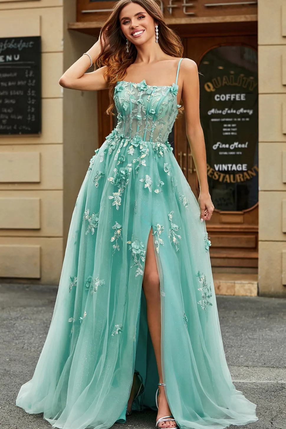 A-Line Verde Tule Corset Prom Dress com Apliques