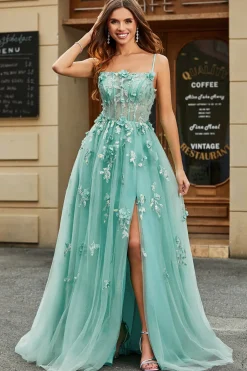 A-Line Verde Tule Corset Prom Dress com Apliques