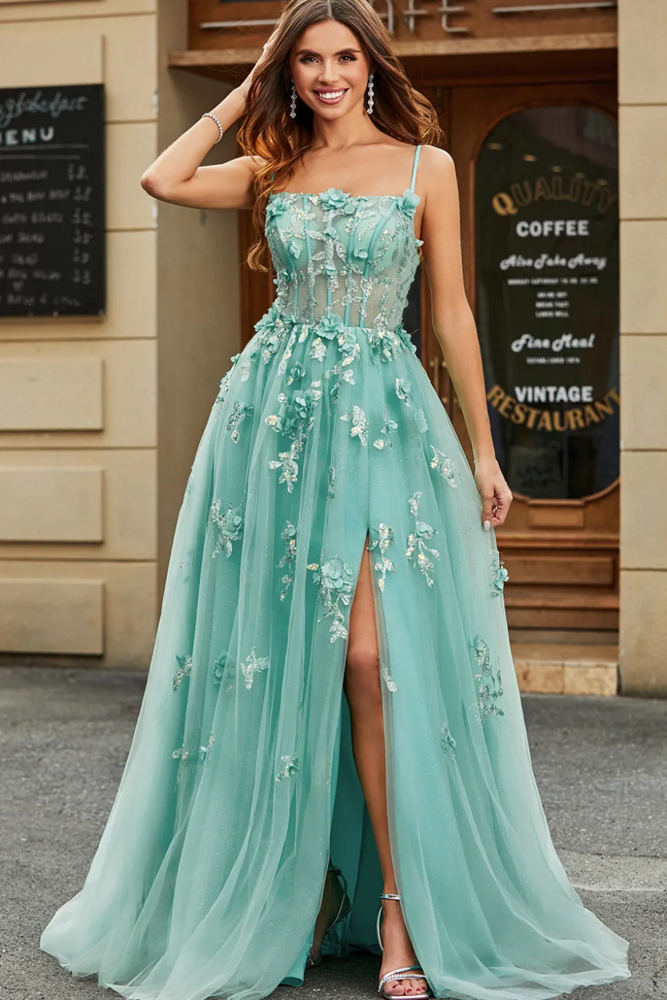 A-Line Verde Tule Corset Prom Dress com Apliques
