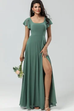 A-Line Verde Vestido Longo Madrinha com Folhos