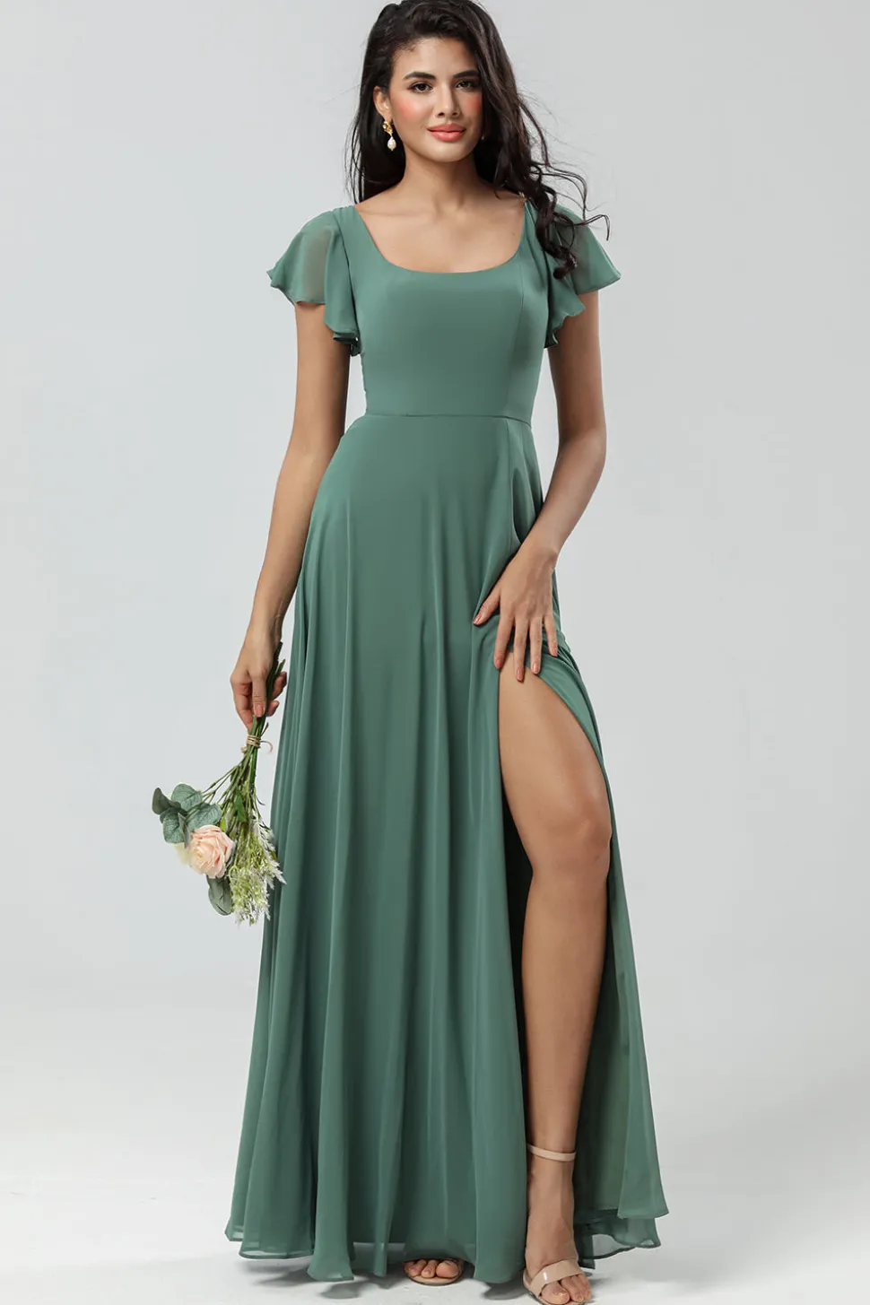 A-Line Verde Vestido Longo Madrinha com Folhos