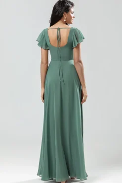 A-Line Verde Vestido Longo Madrinha com Folhos