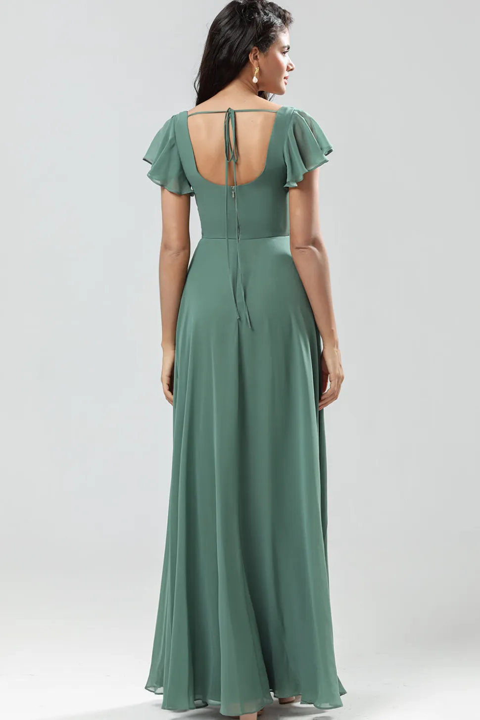 A-Line Verde Vestido Longo Madrinha com Folhos