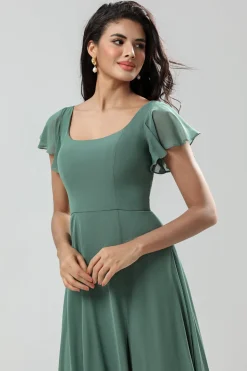 A-Line Verde Vestido Longo Madrinha com Folhos