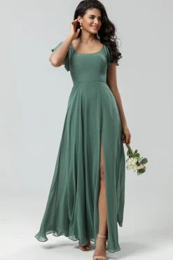 A-Line Verde Vestido Longo Madrinha com Folhos
