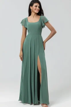 A-Line Verde Vestido Longo Madrinha com Folhos