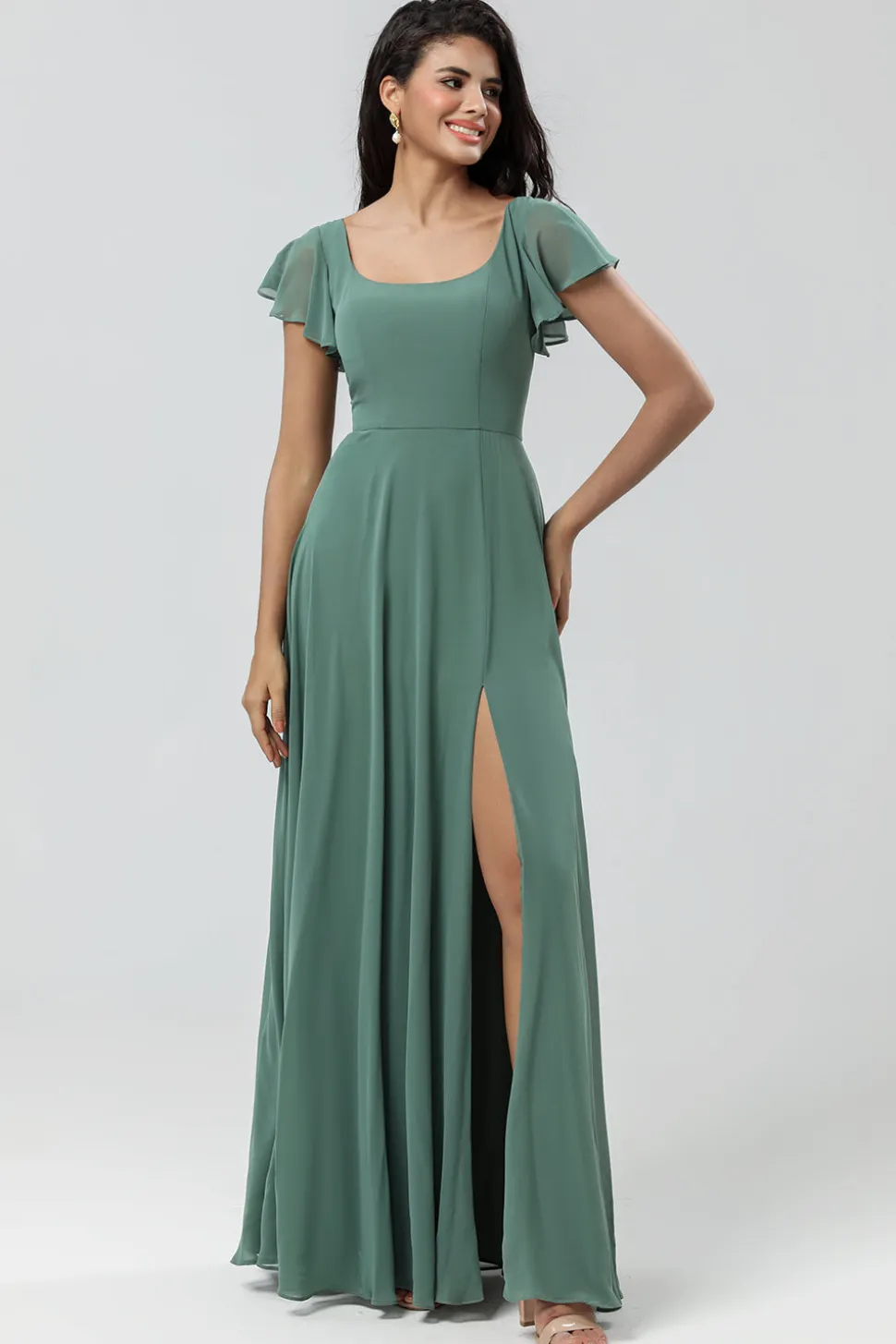 A-Line Verde Vestido Longo Madrinha com Folhos