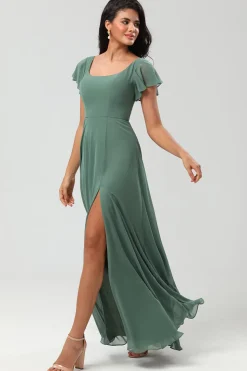A-Line Verde Vestido Longo Madrinha com Folhos