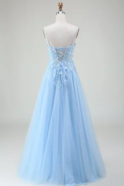 A-Line Vestido de baile azul claro com apliques