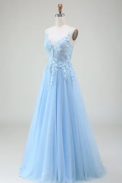 A-Line Vestido de baile azul claro com apliques