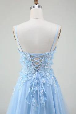 A-Line Vestido de baile azul claro com apliques