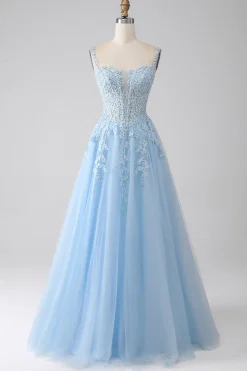 A-Line Vestido de baile de espartilho azul claro com apliques