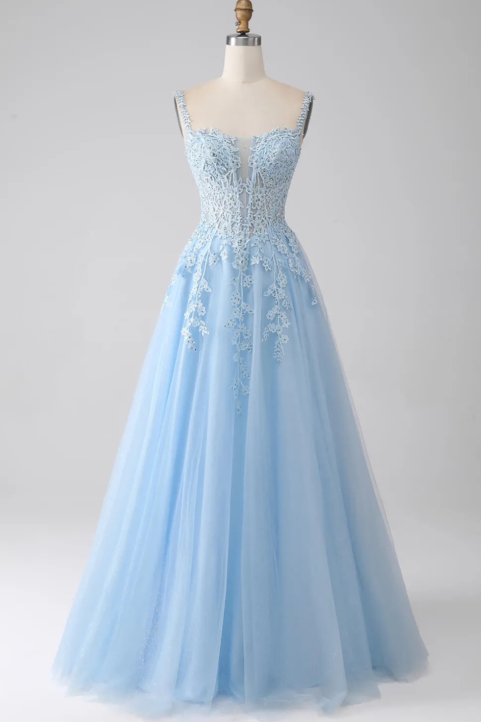 A-Line Vestido de baile de espartilho azul claro com apliques